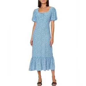 Faithfull The Brand Gabriela Blue Floral Midi Dress Puff Sleeve size Large